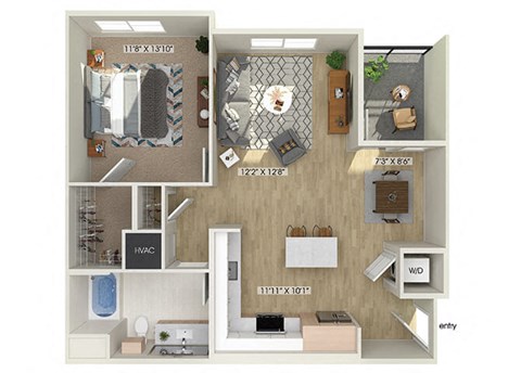 Floor plan for 1 bed, 1 bath, 824 sqft